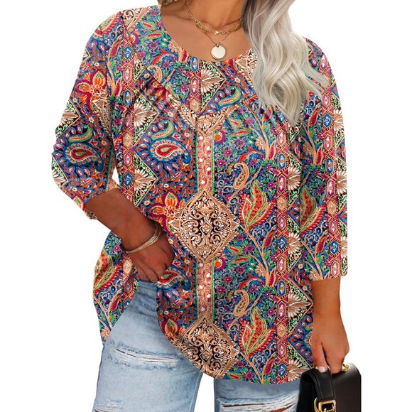 Tops - Plus Size Women's Blouse 3/4 Sleeve V-Neck Tunic Casual Elegant